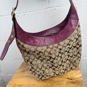 Coach Signature Canvas & Leather Hobo Shoulder Bag Plum Purple Trim 12365